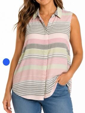 Cupio Blush Gray Striped Sleeveless Collared Blouse Rayon Women’s LG